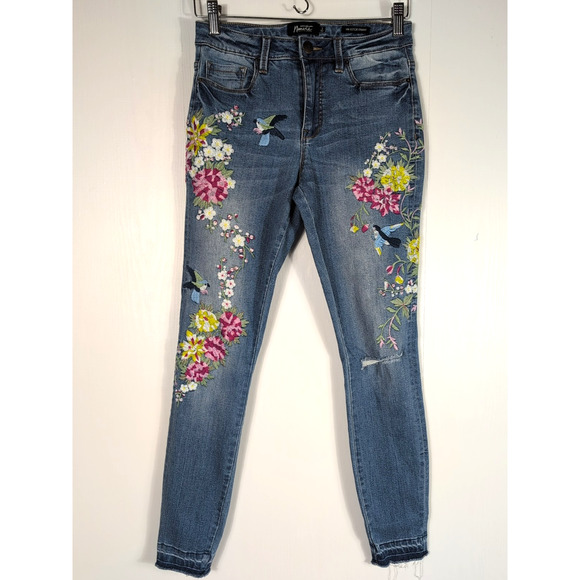 Nanette Lepore HW Astor Skinny Jeans Women’s Size 2 Blue Floral Embroidered Bird - Picture 1 of 15